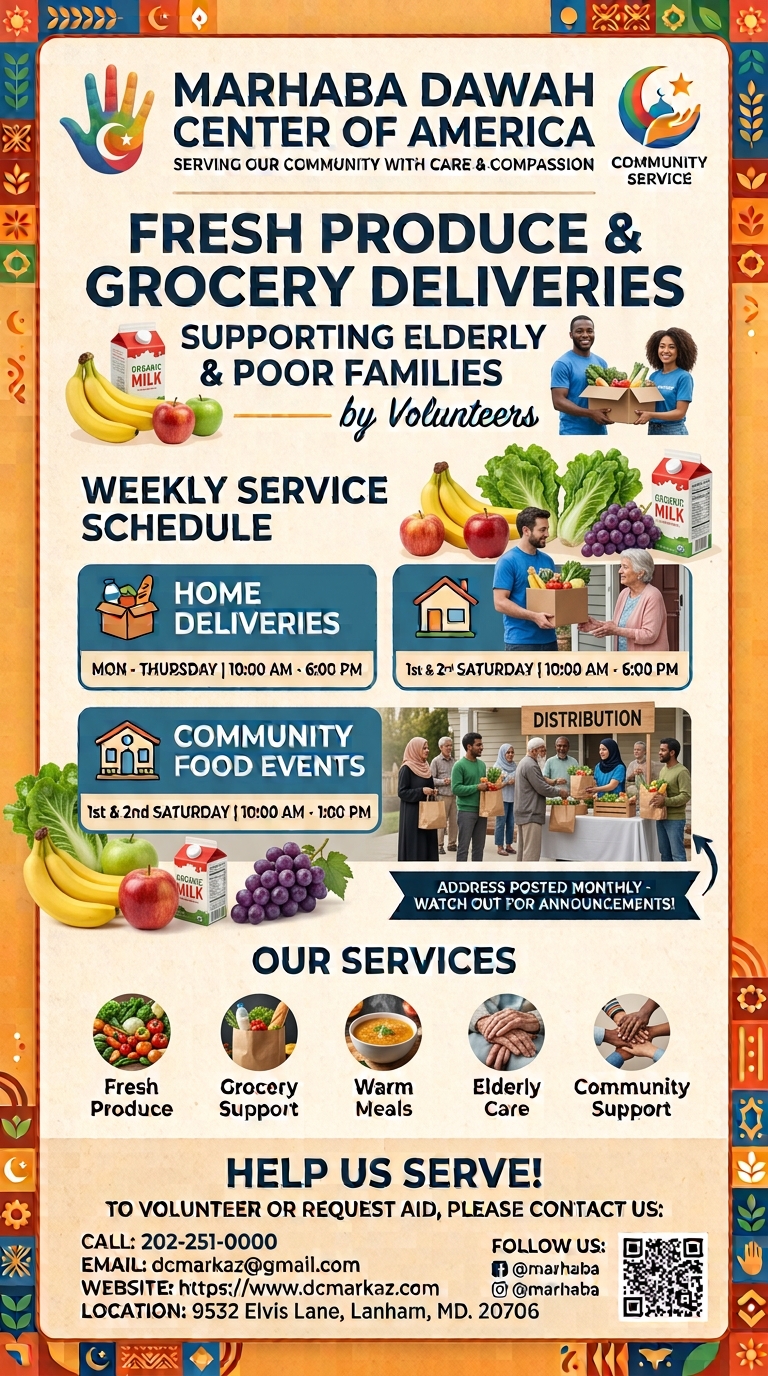 Marhaba Dawah Center weekly Fresh Produce and Grocery Deliveries announcement flyer