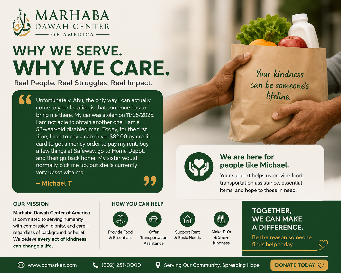 Why We Serve, Why We Care announcement from Marhaba Dawah Center of America